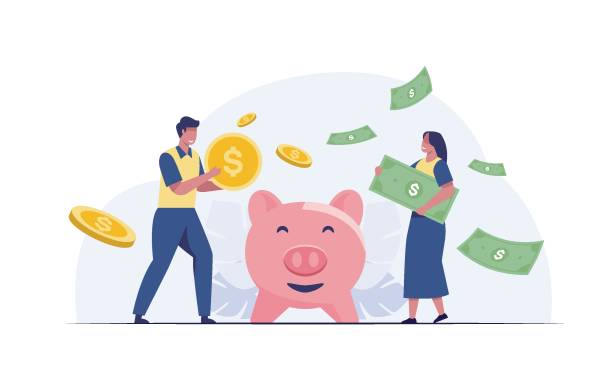 ilustrações de stock, clip art, desenhos animados e ícones de saving money concept. young family investing money for future flat vector illustration. - incomes