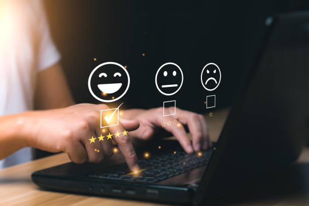 istock Customer satisfaction concept. Hand with thumb up Positive emotion smiley face icon and five star with copy space. 5 star satisfaction, Excellent business rating experience 1400365082