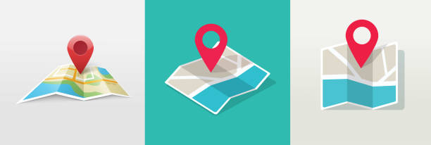 Map icon with pin gps vector flat and location marker pointer place in isometric design, concept of road trip direction position symbol, travel destination trip point, city street navigator image Map icon with pin gps vector flat and location marker pointer place in isometric design, concept of road trip direction position symbol, travel destination trip point, city street navigator modern map clipart stock illustrations