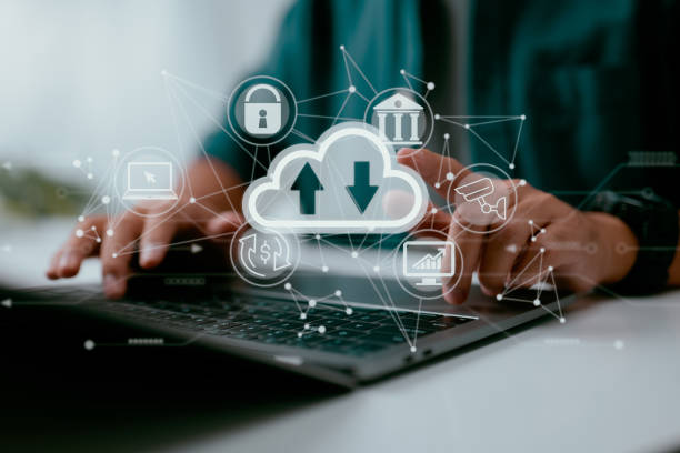 istock A man uses a laptop that has a diagram of cloud computing on it. Concepts of data storage, networking, and internet service for cloud technology. 1400367822