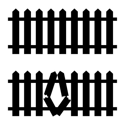 Retro black palisade. White background. wooden broken fence. Vector illustration. Stock image. EPS 10.