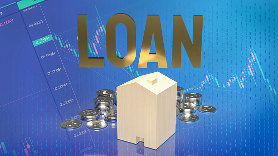 loan text  gold coins and wood house on business chart background  for business concept 3d