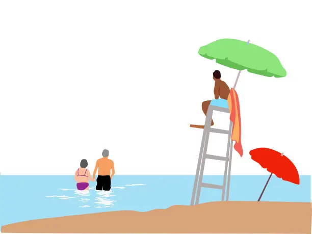 Vector illustration of Lifeguard Chair On Beach Elderly Couple