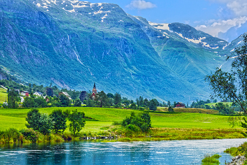 Mountain landscape in village Olden, Norway.
