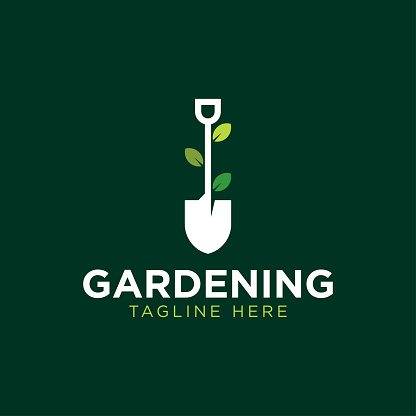 Gardening logo with shovel icon and tree with green leaves logo template.