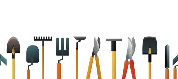 Agricultural rural garden tool. Bottom horizontal seamless frame. Shovels rakes and hoes. Isolated on white background. Vector. Agricultural rural garden tool. Bottom horizontal seamless frame. Shovels rakes and hoes. Isolated on white background. Vector trowel gardening shovel gardening equipment stock illustrations