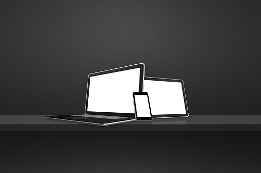 Laptop, mobile phone and digital tablet pc on black wall shelf. Horizontal background. 3D Illustration