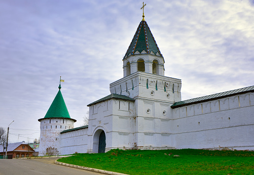 Ipatievsky Orthodox Monastery in Kostroma. Fortress walls with towers at the Northern Gate in the Old Russian traditions of the XVII century. Russia, 2022