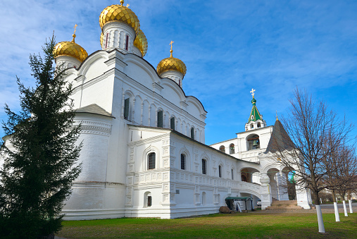 Ipatievsky Orthodox Monastery in Kostroma. The walls and porch of the Trinity Cathedral in the Old Russian traditions of the XVII century. Russia, 2022