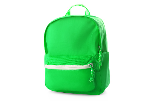Green school backpack isolated on white background