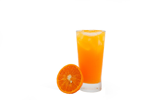 Glass Iced Orange Juice Next To Half Cut Tangerine Orange On White Background.