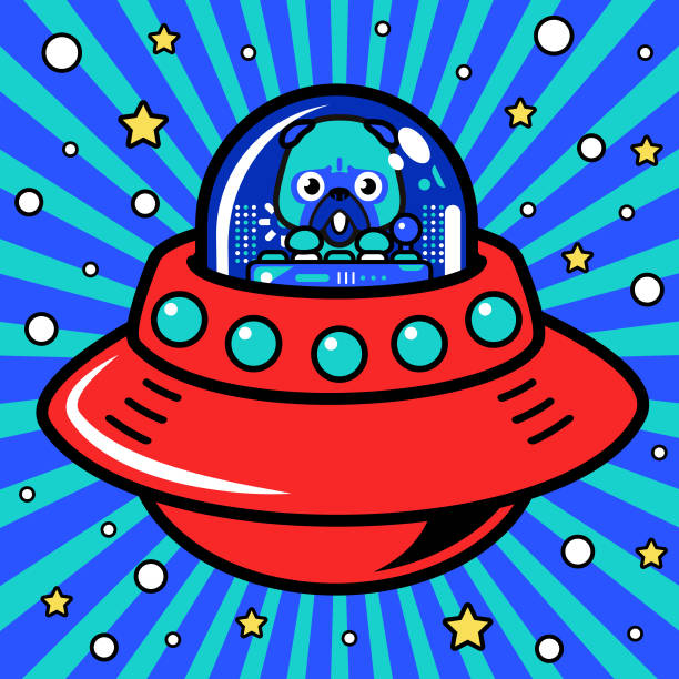 ein niedlicher mops-astronaut steuert ein unlimited power-raumschiff oder ufo in das metaversum - driving speed humor video game stock-grafiken, -clipart, -cartoons und -symbole