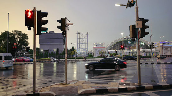 BANGKOK - Thailand - May 16, 2022 : Rainny day at street view near Hua Lamphong Train Station in Bangkok, Thailand