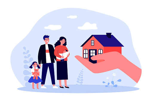 Hand giving new home to father, mother and kids. Family house for man, woman and children flat vector illustration. Property, loan, real estate concept for banner, website design or landing web page