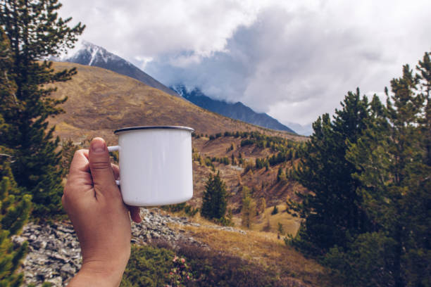 Enamel white mug mockup with forest and mountains valley background. Trekking merchandise and camping gear marketing photo. Stock wildwood photo with white metal cup. Rustic scene, product template. stock photo