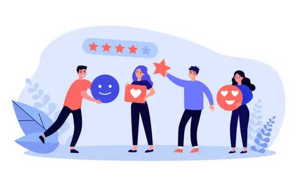 Vector illustration of Customer giving rating stars, likes and positive feedback