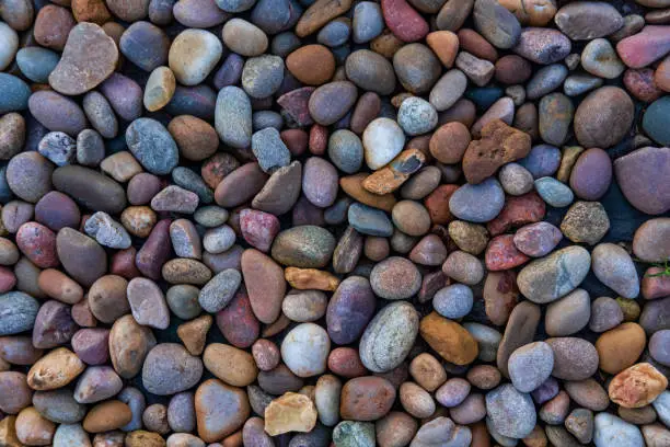 Photo of Mineral background featuring river stones in muted colors scattered evenly on the ground