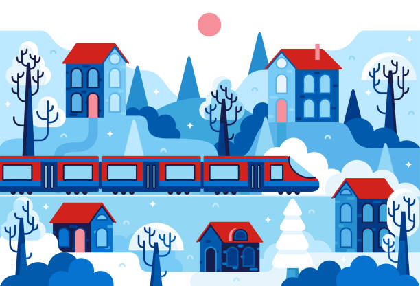 ilustraciones, imágenes clip art, dibujos animados e iconos de stock de el tren pasa por el pueblo. ilustración vectorial de dibujos animados con tren de alta velocidad y casas con techos rojos - swiss winter