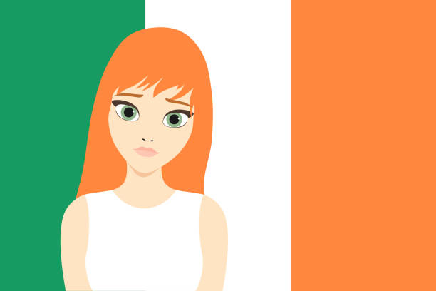 ilustrações, clipart, desenhos animados e ícones de linda mulher ruiva de cabelos na frente da ilustração vetorial da bandeira irlandesa - republic of ireland flag human face irish culture