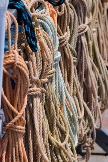 Colorful Bundled rope hanging in the fshing port.