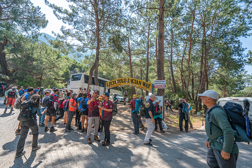 Fethiye, Turkey-May 19, 2022: hikers are starting the Lycian way which is located along Turkey’s beautiful Turquoise Coast, the 400 km, \
