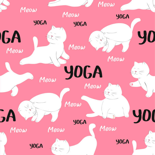 ilustrações de stock, clip art, desenhos animados e ícones de seamless pattern of cats in yoga pose - balance health well being background white