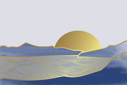 Blue mountain gold line art landscape. Oriental Luxury abstract Watercolor Mountains and sea with golden pattern background vector. Wallpaper, wall art design for home decor and prints.