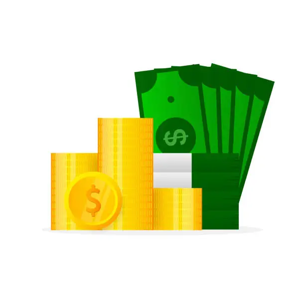 Vector illustration of Money coins, bag. Budget icon. Abstract font with money coins.
