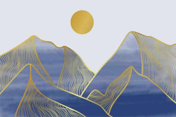 istock Blue mountain gold line art landscape. Oriental Luxury Watercolor Mountains 1400384310