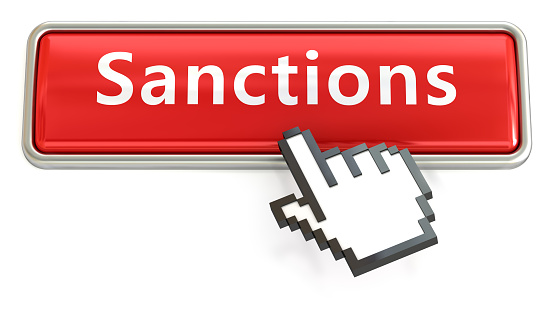 Sanctions. Red push button with click hand cursor isolated on the white background. Web design icon sets.