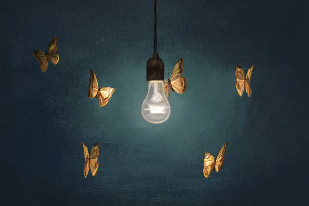 colorful butterflies dance around a light from a lamp vector art illustration