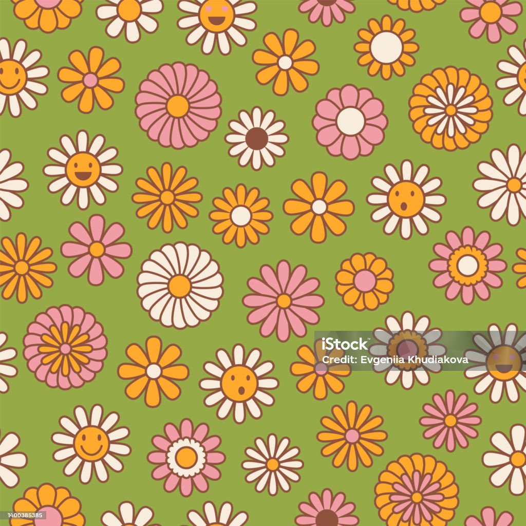 Vintage Floral Background Hippie Style Vector Seamless Pattern Nostalgic  Retro 70s Groovy Print Textile And Surface Design In Old Fashioned Colors  Stock Illustration - Download Image Now - iStock