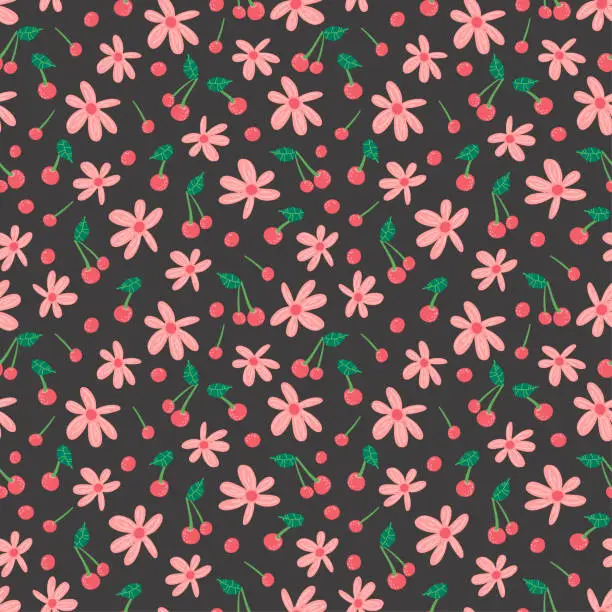 Vector illustration of berry flowers cherry seamless vector pattern. Repeating background with summer fruit. Use for fabric, gift wrap, packaging.