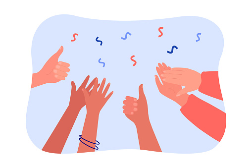 Hands clapping and giving thumbs up. Crowd of diverse people applauding, audience cheering flat vector illustration. Success, celebration, support concept for banner, website design or landing page