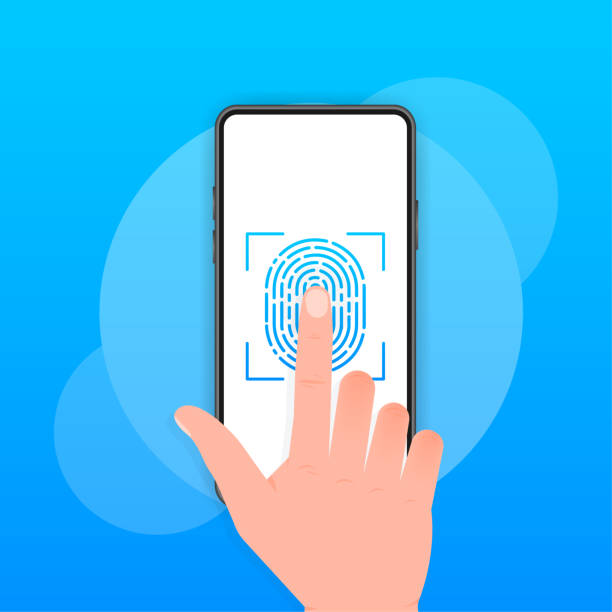 ilustrações, clipart, desenhos animados e ícones de touch id - ilustração vetorial. smartphone com impressão digital isolada em um fundo branco - healthcare and medicine multi colored cell backgrounds