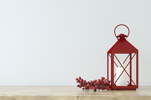 Interior mockup. Interior with red christmas lantern near the white wall. Christmas decor. 3d render.