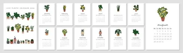 Vector illustration of Calendar with plants 2023. Trendy Cute house plants in flowerpots. Minimalistic design. Decor for home and office interior. Flat style in vector illustration. A3 format. Isolated elements.