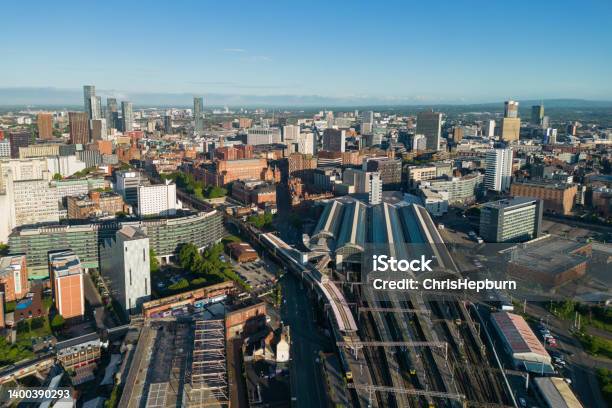 Aerial View Of The City Of Manchester England Uk Stock Photo - Download Image Now - Manchester - England, Piccadilly, Train - Vehicle