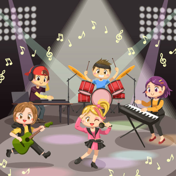 ilustrações de stock, clip art, desenhos animados e ícones de young teenager music band on stage in cartoon vector - singing singer teenager contest