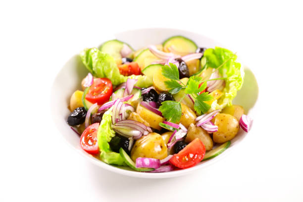 mixed potato salad on white background