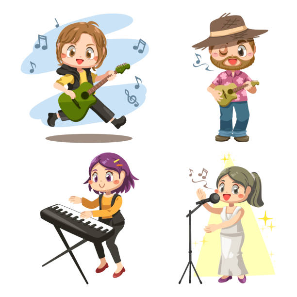 뮤지션 밴드와 가수 공연 만화 벡터 세트 - singing singer teenager contest stock illustrations