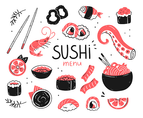 Set with sushi and rolls in doodle style. Japanese food. Collection of objects. Vector isolated food illustration