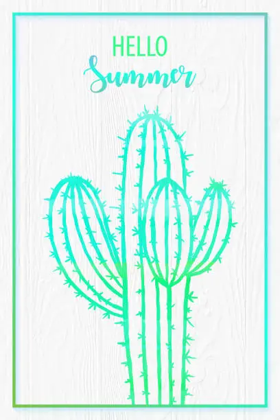 Vector illustration of Watercolor Turquoise Colored Cactus with White Washed Wood Paneling Background. Tropical Background, Tropical Design Element, Poster, Decorative Art, Summer Concept.