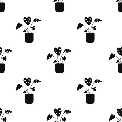 Vector flat hand drawn seamless pattern with plant in a flowerpot
