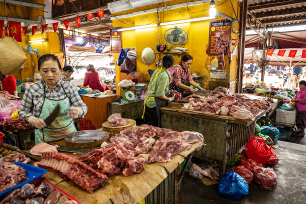 le marché de la viande de hoi an au vietnam, - butchers shop meatball raw beef photos et images de collection