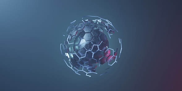 3D rendering sci-fi hexagon ball structure background for any type of news or information presentation.Technological intelligent interface connection abstract background vector design