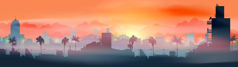 Minimal tropical city skyline with residential complex at sunset panorama