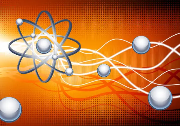 Vector illustration of Abstract atom digital drawing on orange background.