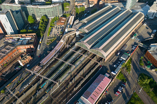 Wide angle aerial view over Manchester Piccadilly train station.
