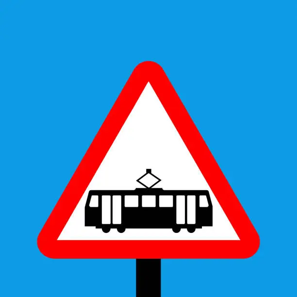 Vector illustration of Warning triangle Trams crossing ahead sign